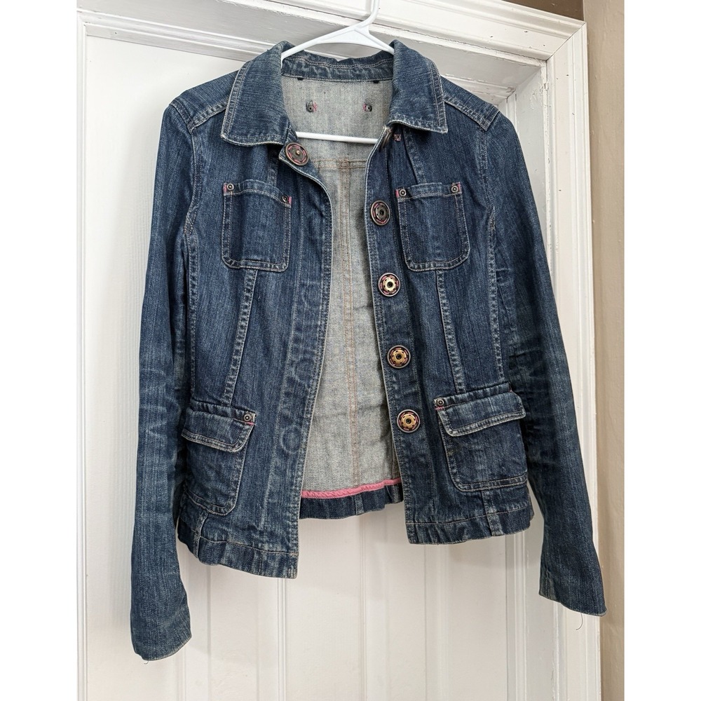 Tahari Women's Blue Button-Front Collared Pockets Short Jean Jacket M